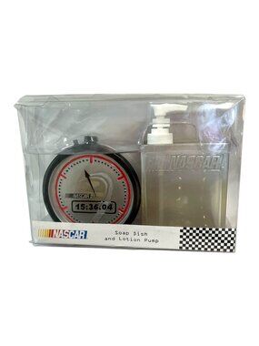 NASCAR Soap Dish and Lotion Pump Bathroom Set New in Box Hand Painted